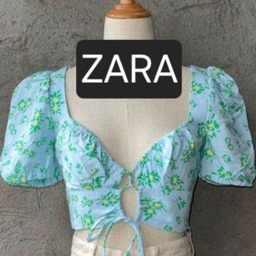 NWT Zara Floral Puff Sleeve Tie Front Crop Top Blue Green Size M